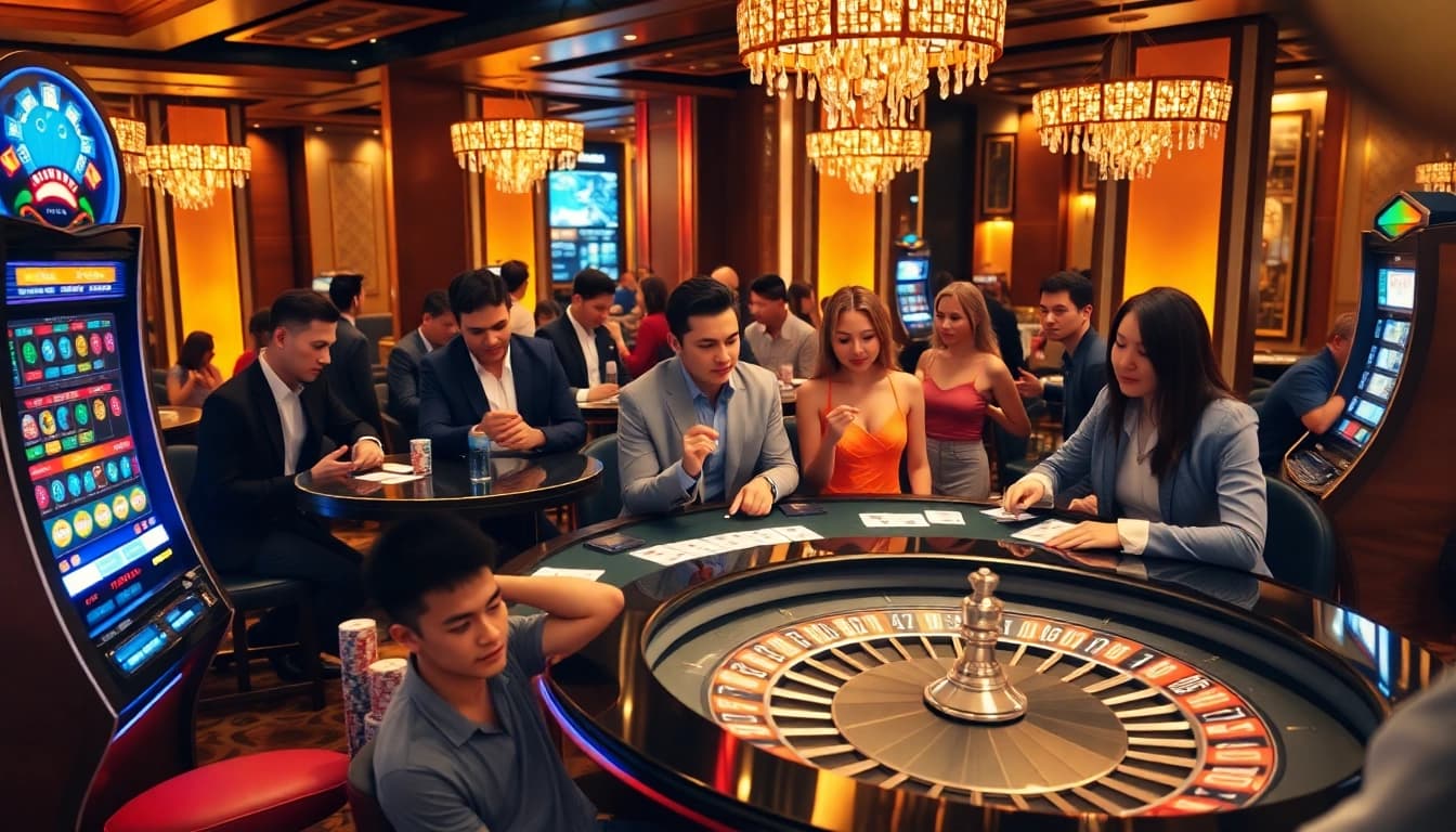 Players engage in thrilling GO8 gambling experiences at a luxurious casino table.