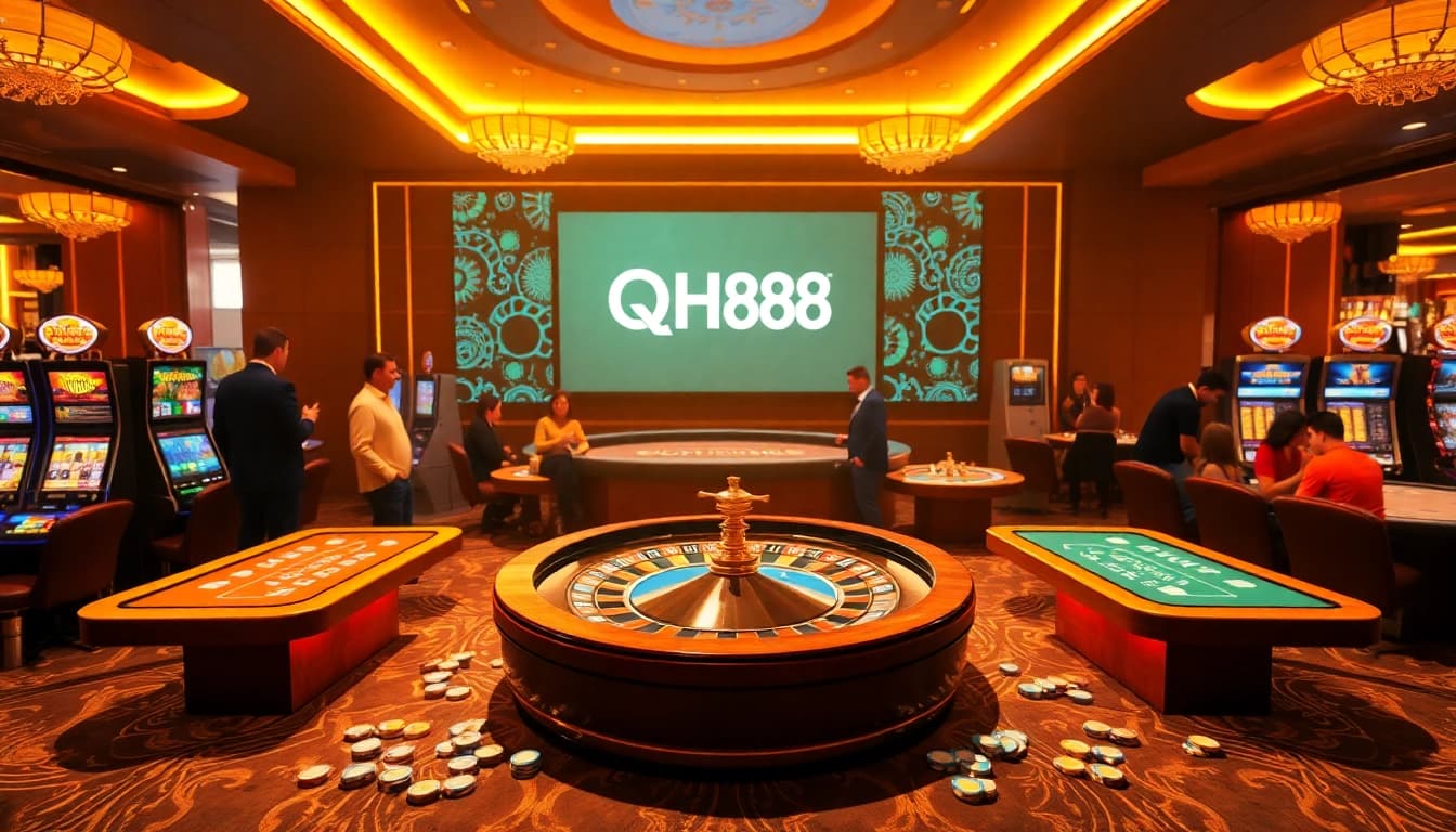 Players enjoying thrilling games at QH88 casino with vibrant tables and slot machines.