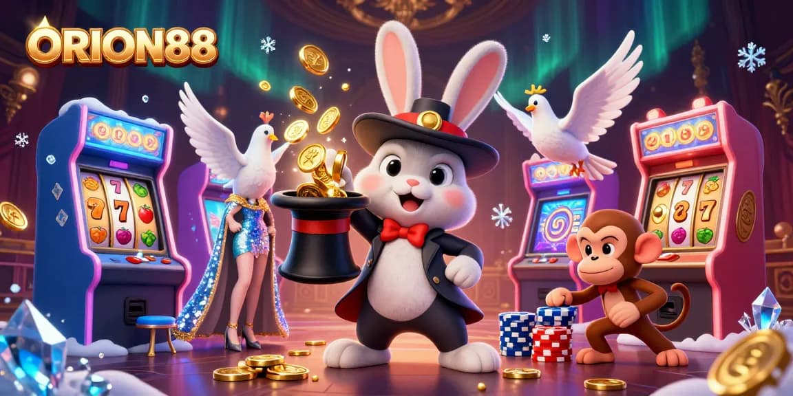 Engage with ORION88's thrilling slot action featuring a magician rabbit and dazzling coins.