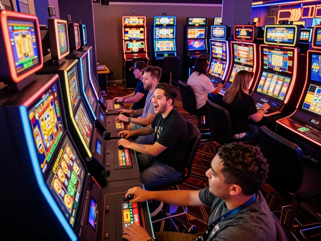 Players engage in exciting slot machine gameplay at Fokus777, celebrating wins and enjoying a vibrant atmosphere.