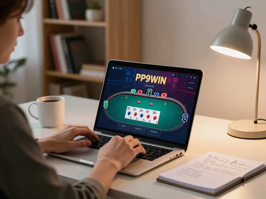 Engaging in the PP9WIN online poker game on a laptop, showcasing a strategic gaming setup.
