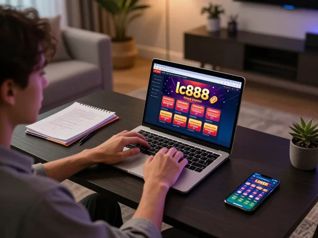 Engaging in lc888 online gaming with strategic notes and laptop in a cozy setup.