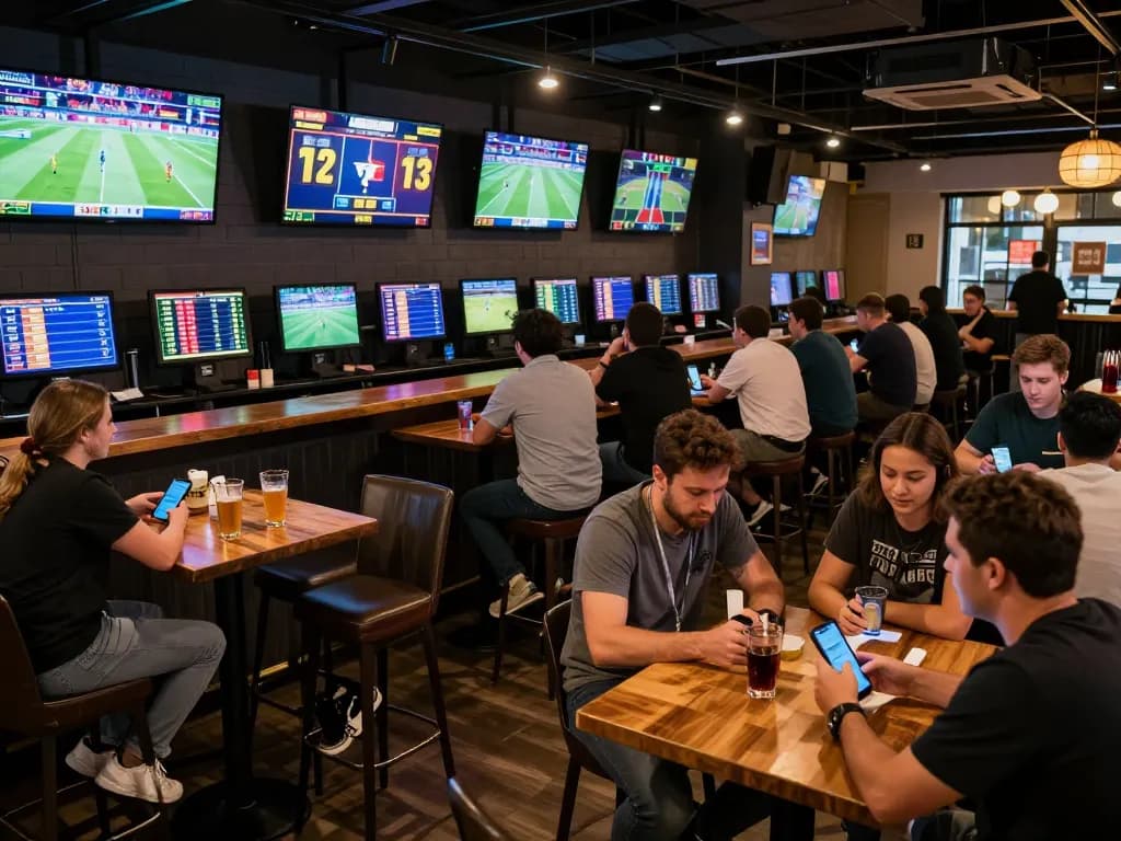 Excited patrons engaging with ty le keo nha cai at a lively sports betting bar, with live game screens in view.