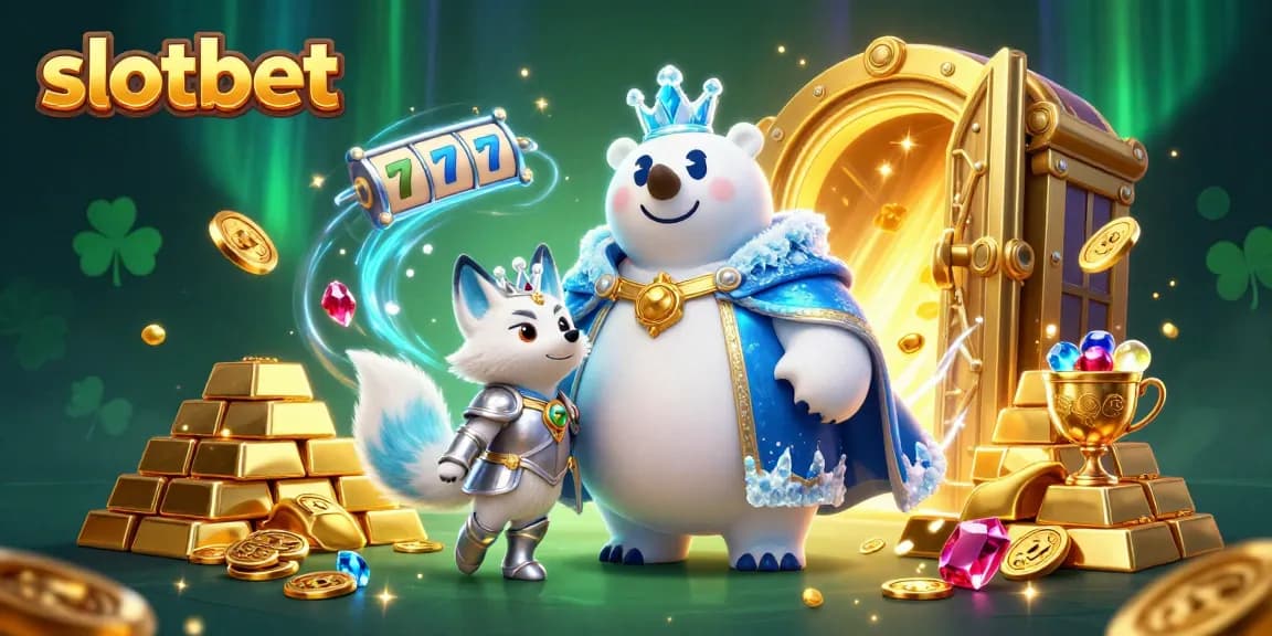 Experience the thrill of slotbet with an ultra-detailed gaming scene featuring a polar bear king amidst treasures and dynamic slot elements.