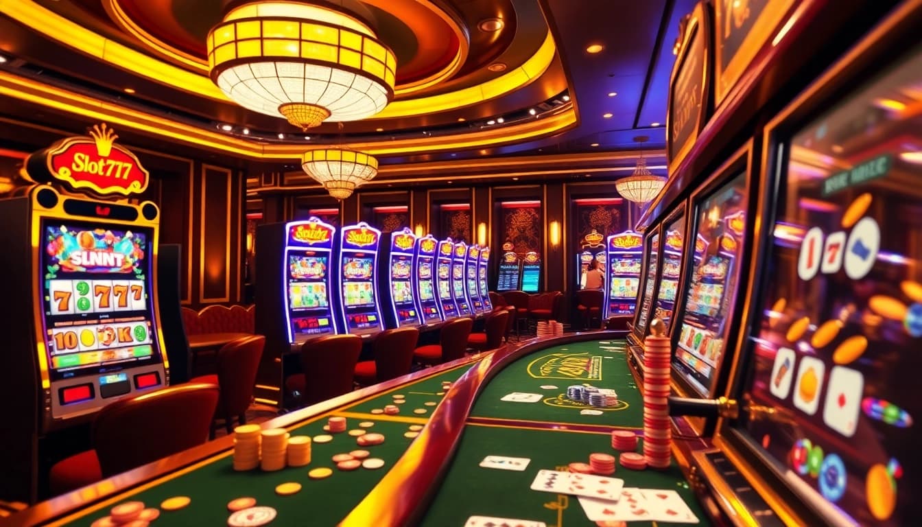 Experience the thrill of playing slot777 in a luxurious casino setting with vibrant slot machines and lively excitement.