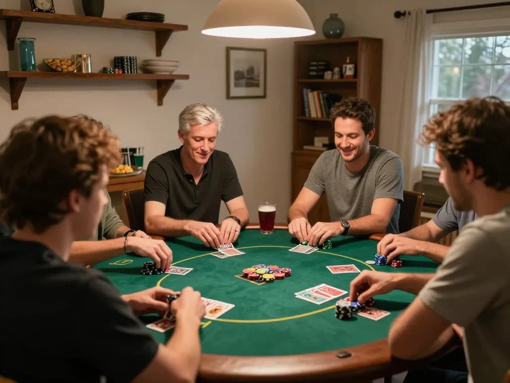 Players strategizing their hands in a friendly Texas Hold'em game, emphasizing sunwin