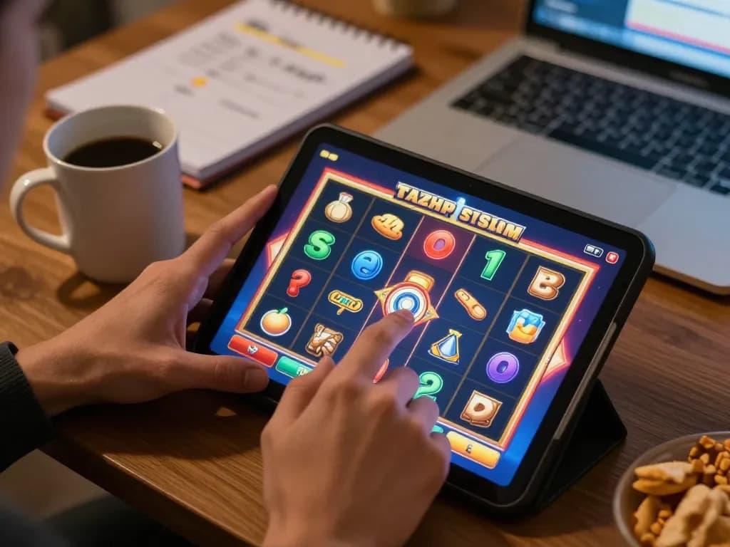 Engaged player spinning colorful Slot Resmi on tablet during cozy home gaming session