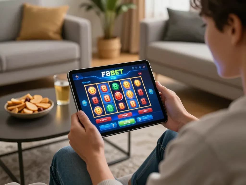 Person playing a colorful F8BET slot game on tablet in a cozy, inviting living room setting.