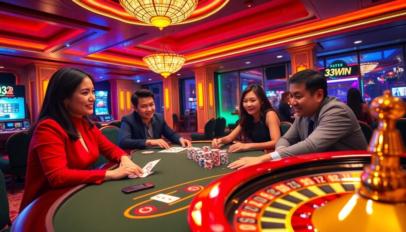 Players enjoying a thrilling poker game at 33win's luxurious casino.