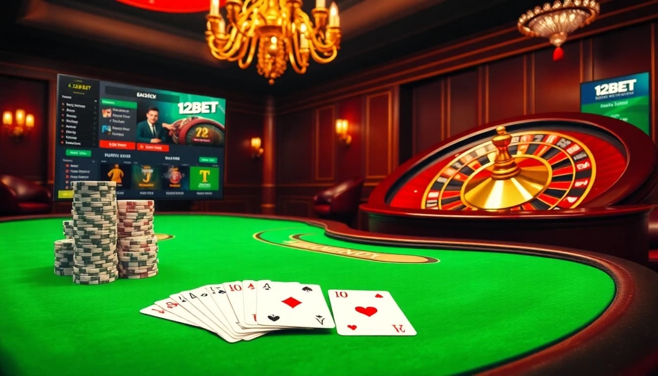 Experience the excitement of 12BET at a luxurious poker table with vibrant chips and cards.