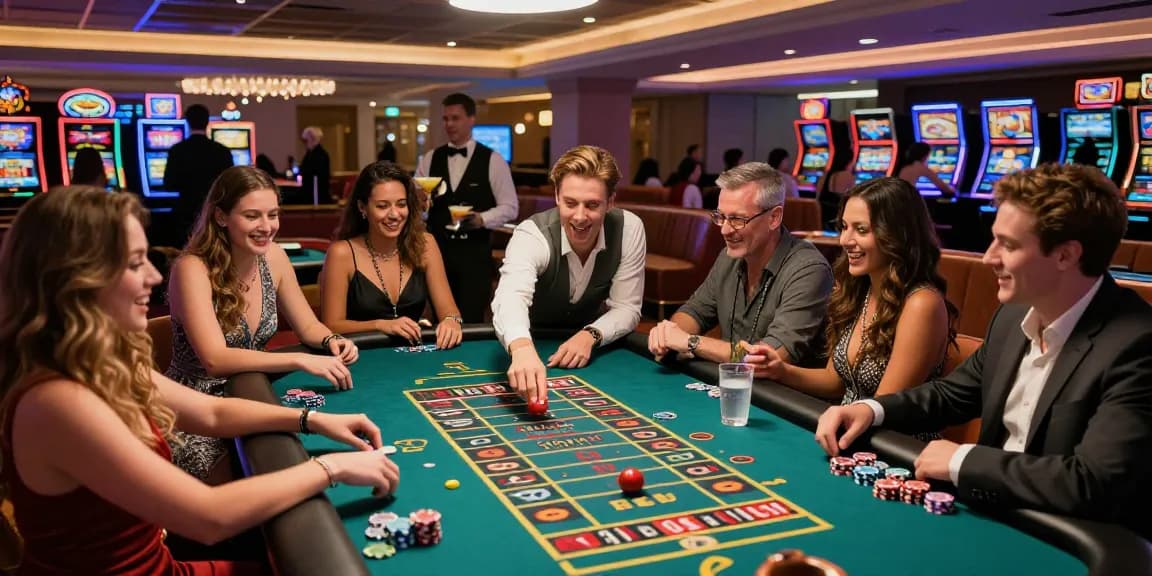 Vibrant gambling scene featuring friends enjoying 663 bet at a roulette table with bright lights and excitement.
