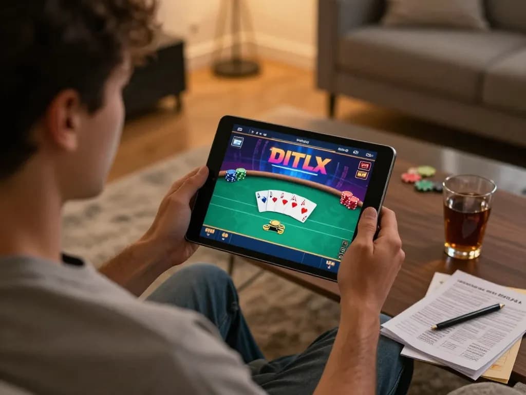 Engaged player at home using 123bmvp for online poker, showcasing gameplay strategy and comfortable atmosphere.