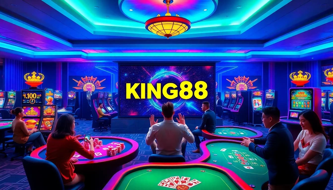 Experience King88's exciting online casino gaming with vibrant poker tables and colorful chips.