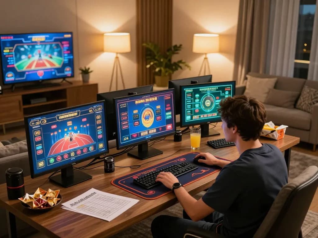 Player enjoying online casino games at home on ho88 platform, surrounded by snacks and warm ambiance