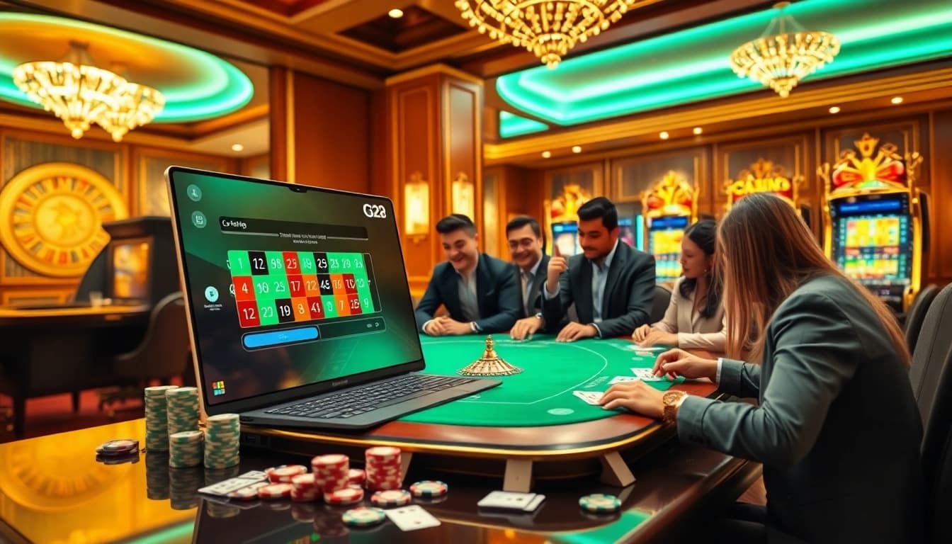 Experience the excitement of G28 with players celebrating wins at elegant casino tables and modern gaming interfaces.
