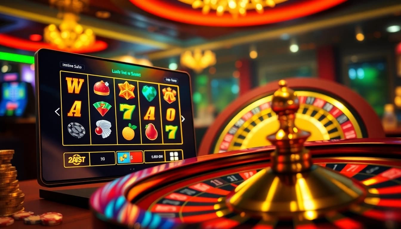 High-stakes IDN slot gaming experience featuring vibrant slot graphics and a roulette wheel.