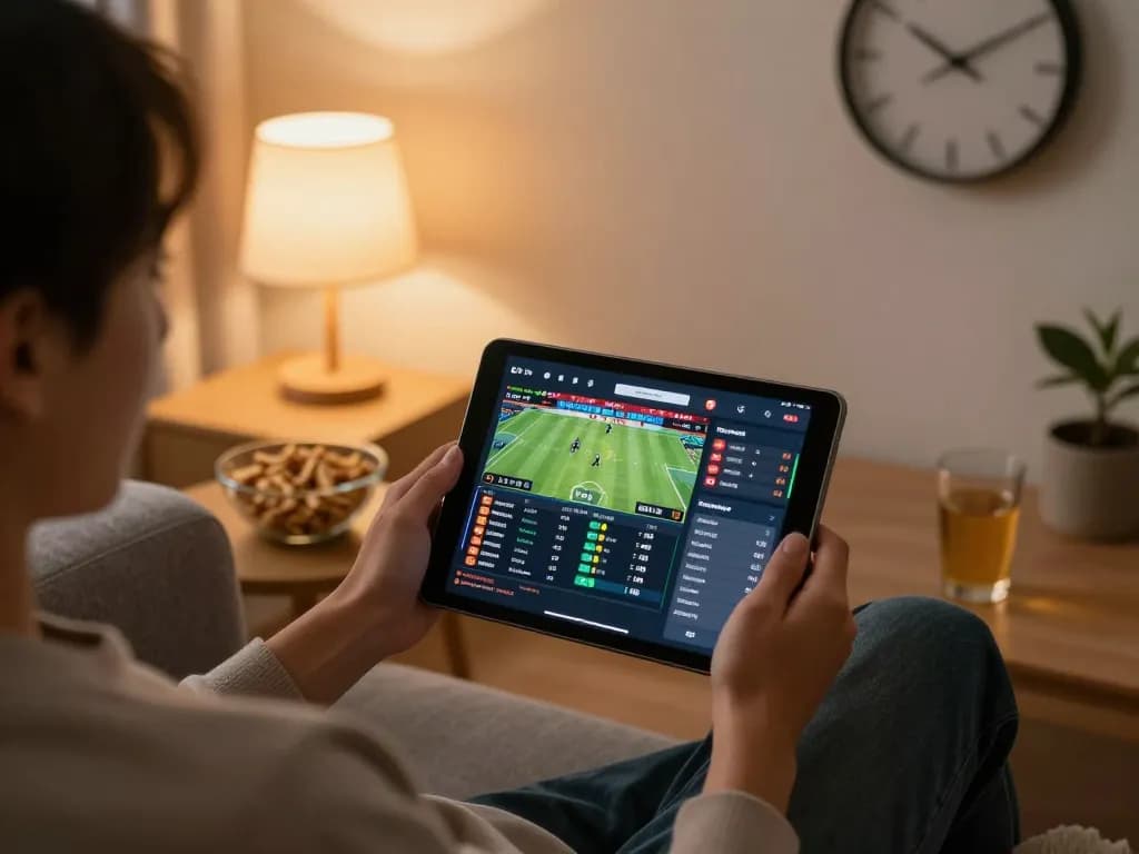 Person engaging in sports betting on 78win app from a cozy home environment, highlighting strategic play.