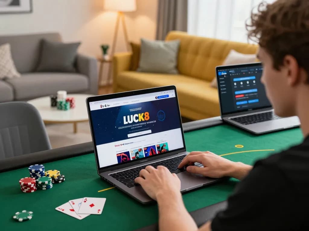 Engaging in strategic gameplay on luck8 net platform in a cozy home setting, highlighting responsible gambling.