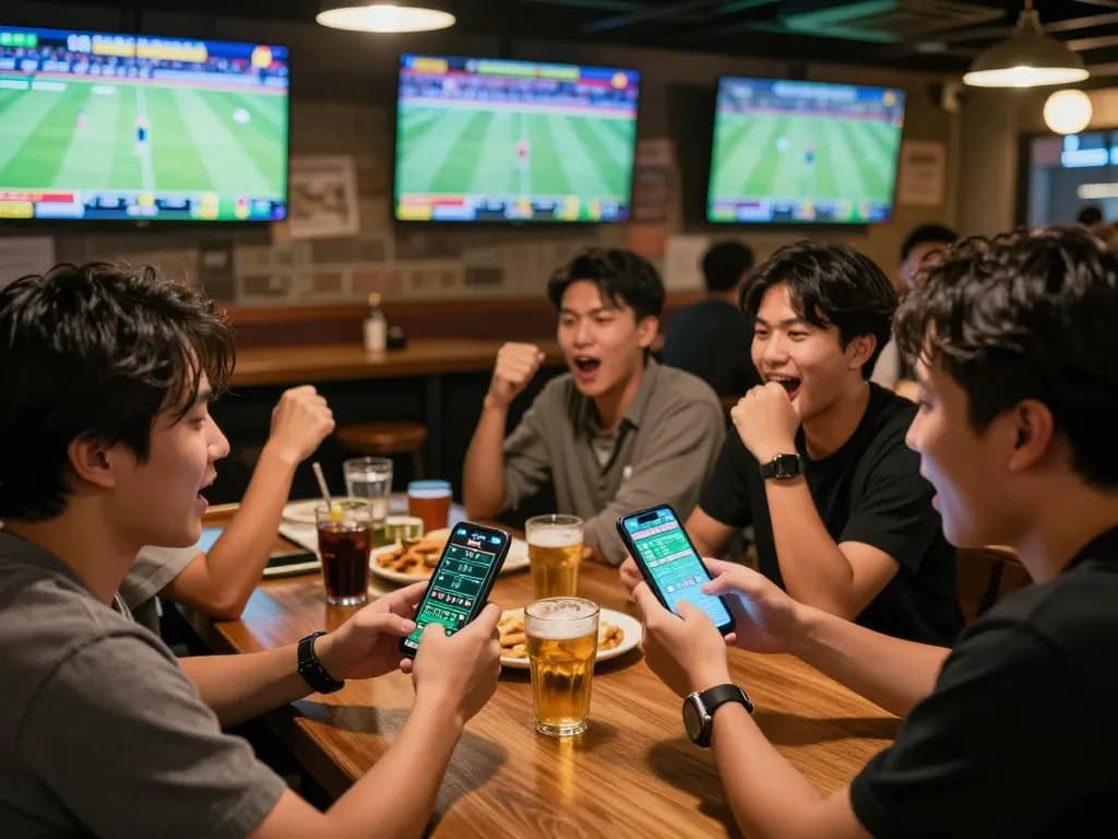 Excited friends engaging in kèo nhà cái hôm nay while placing bets in a lively sports bar environment.