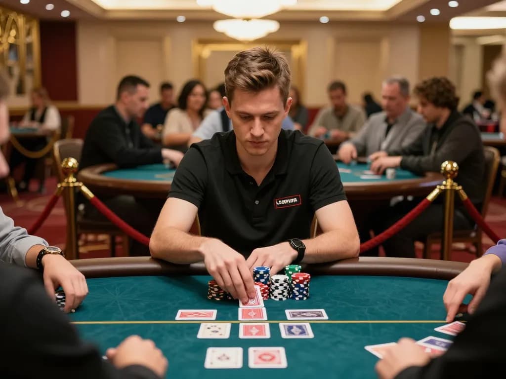 MPOID Alternative poker strategy unfolds at an upscale casino table showing player focus and high stakes.