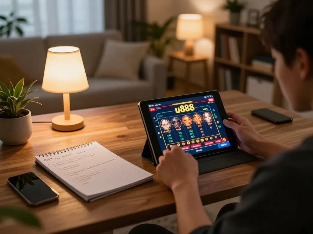 Person enjoying online gambling on u888 tablet in a cozy living room setting.