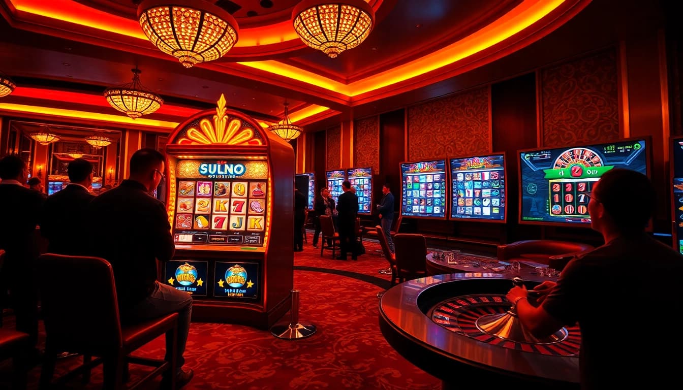 Engage with thrilling Slot Online gaming in a luxurious casino setting filled with vibrant slot machines.