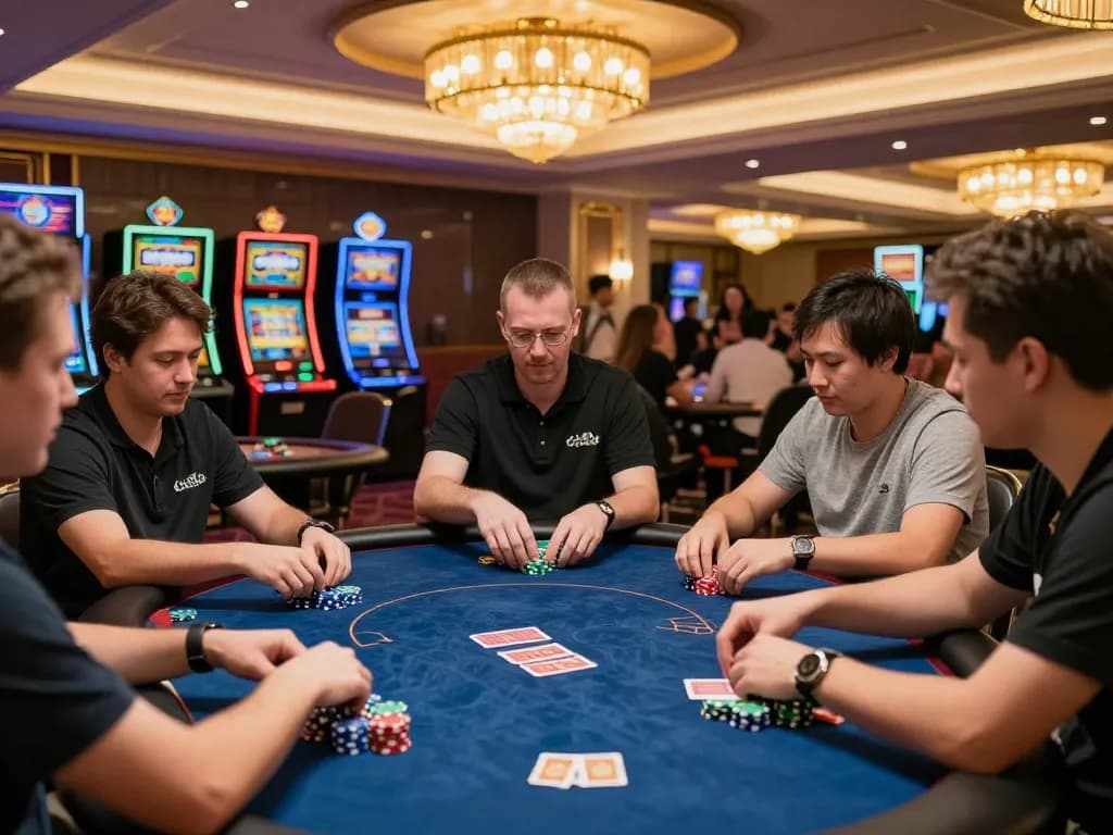 Players engaging in a high-stakes poker game at Lu88, showcasing excitement and strategy.