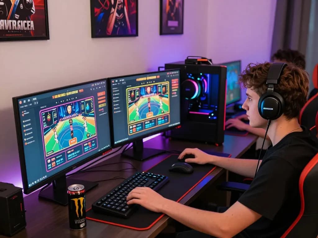 Engaged player enjoying sun win online gaming experience on high-end setup.