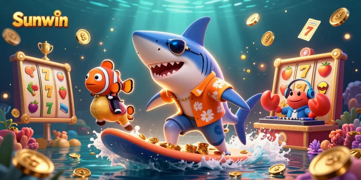 Experience exciting gameplay with Sunwin as the shark rides gold coins in a vibrant underwater casino scene.