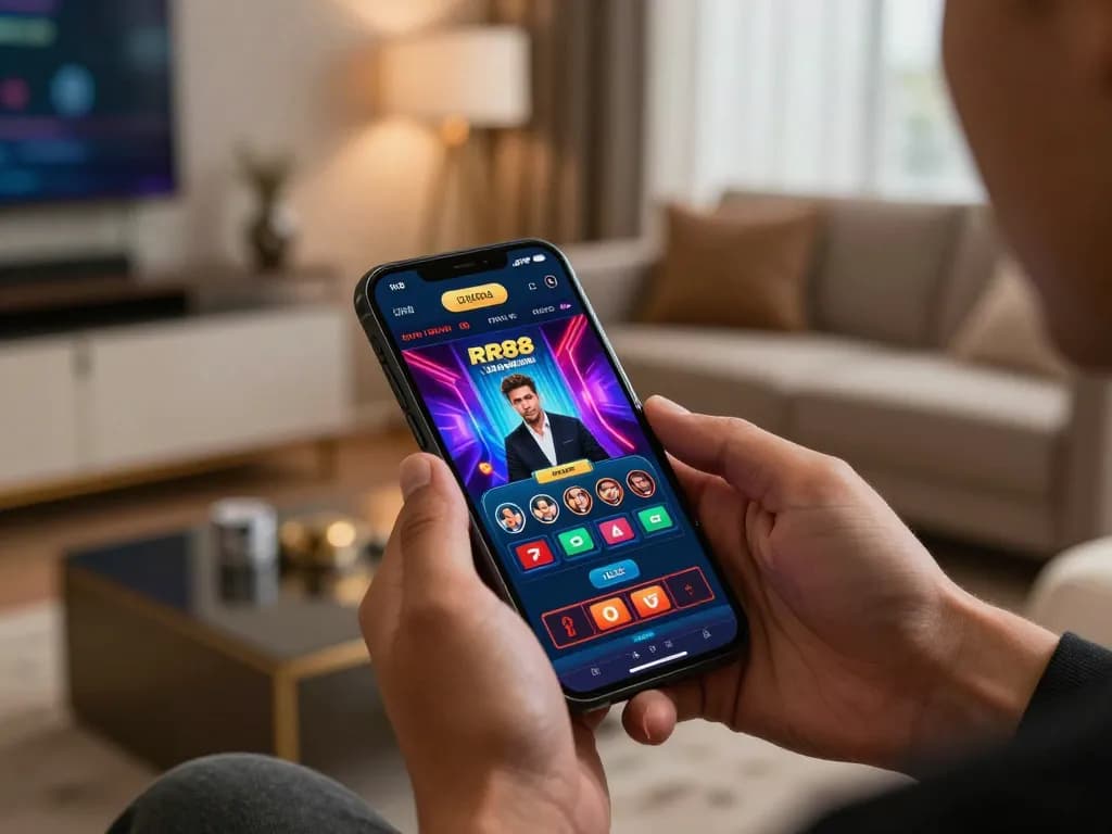 Engaging smartphone display of RR88 live dealer game in a cozy home setting.