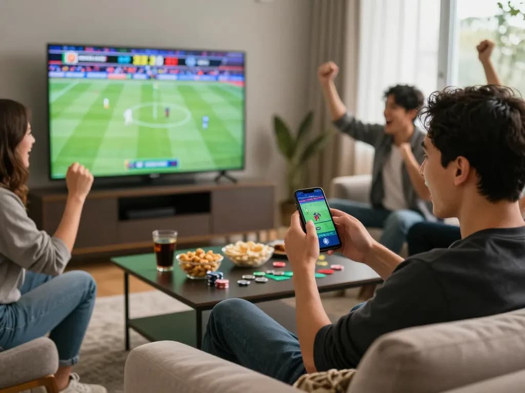 betting on dash88 with smartphone while enjoying a live sports game atmosphere