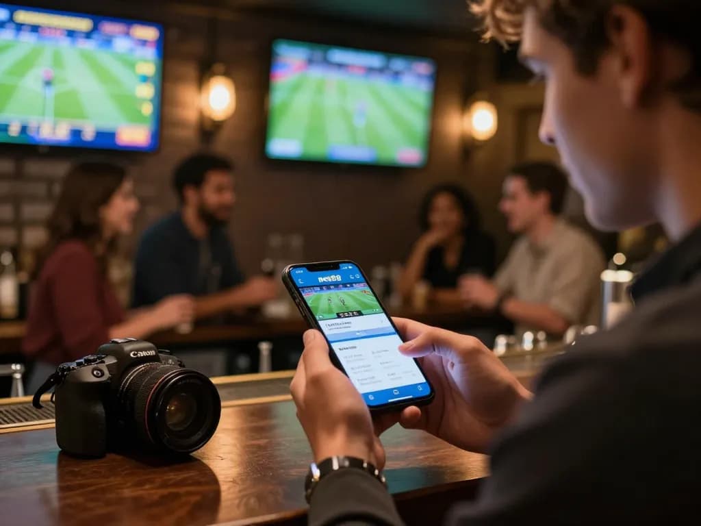 Engaging scene of sports betting with a person using the net88 app in a lively bar.