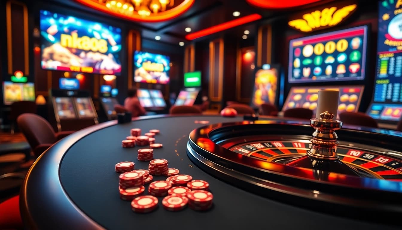 nk88 players engaging with lively casino games featuring poker chips and a roulette wheel.