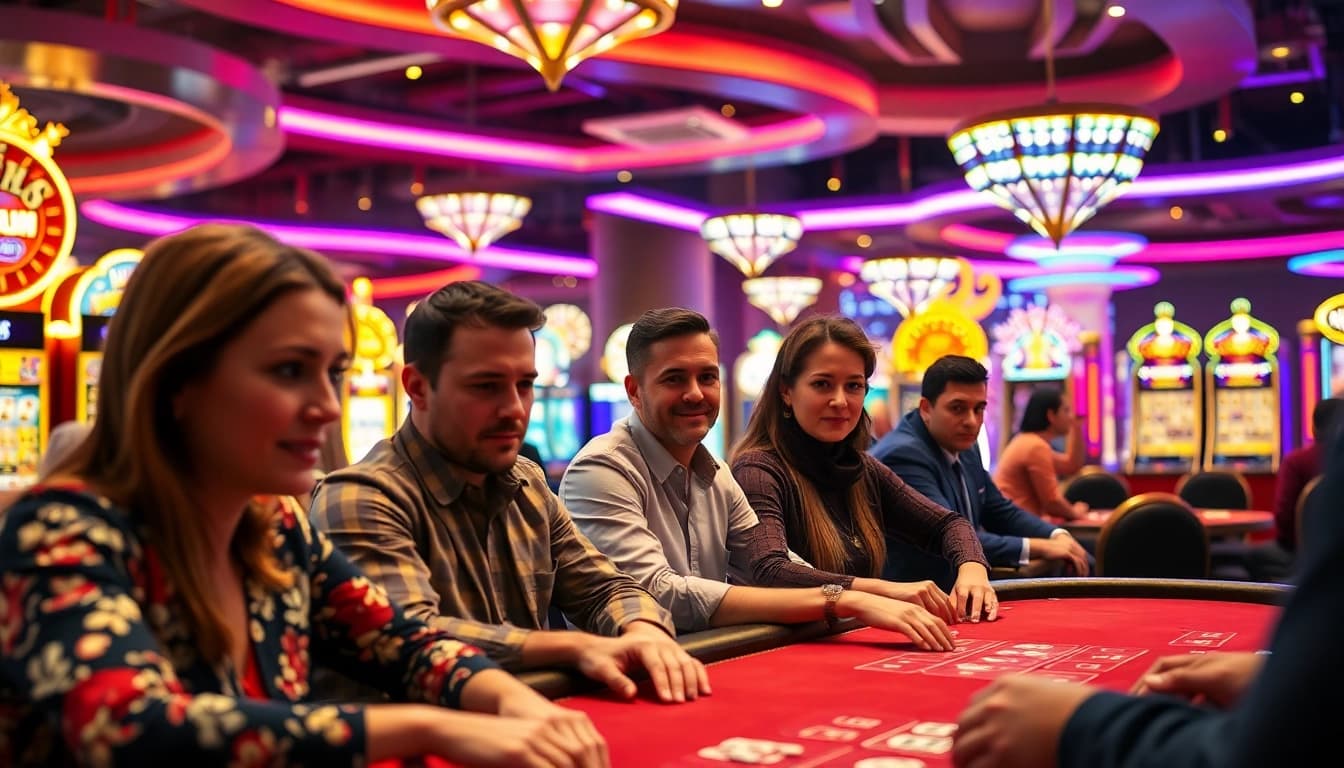 SBOBET menghadirkan suasana kasino yang ramai dengan pemain poker di meja berkilauan.