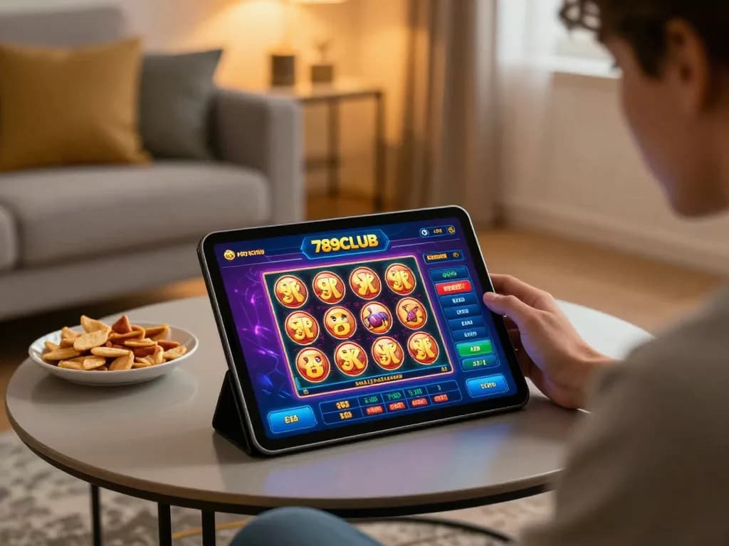Engaging gameplay on the 789CLUB casino app while enjoying snacks at home.