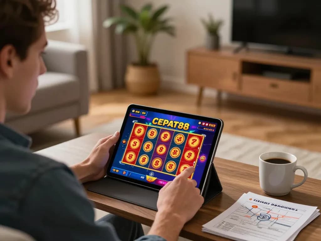 Pemain berinteraksi dengan antarmuka permainan online CEPAT88 di tablet di ruang tamu yang nyaman.