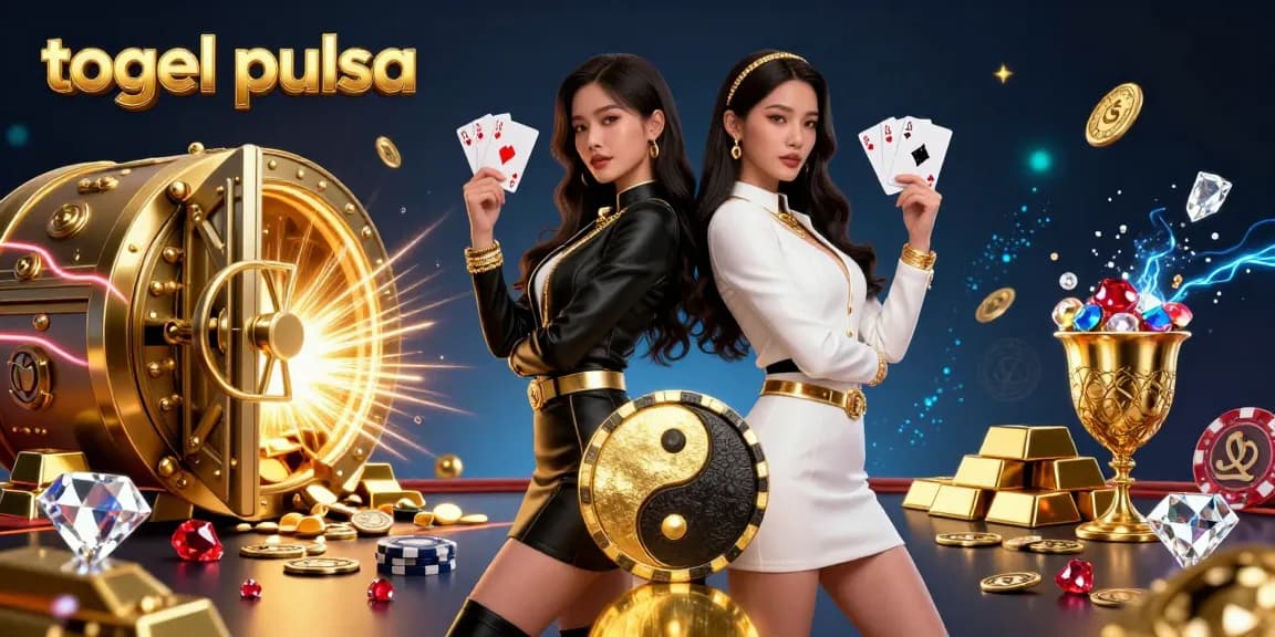 Engage in thrilling togel pulsa action with twin Asian women in a dynamic casino scene, showcasing cards and gold treasures.