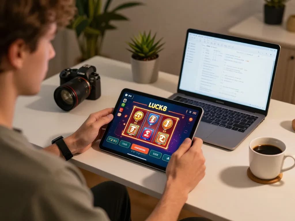 Người chơi tương tác với ứng dụng LUCK8 để chơi game casino trực tuyến trong một không gian ấm cúng tại nhà, thể hiện đồ họa game rực rỡ.