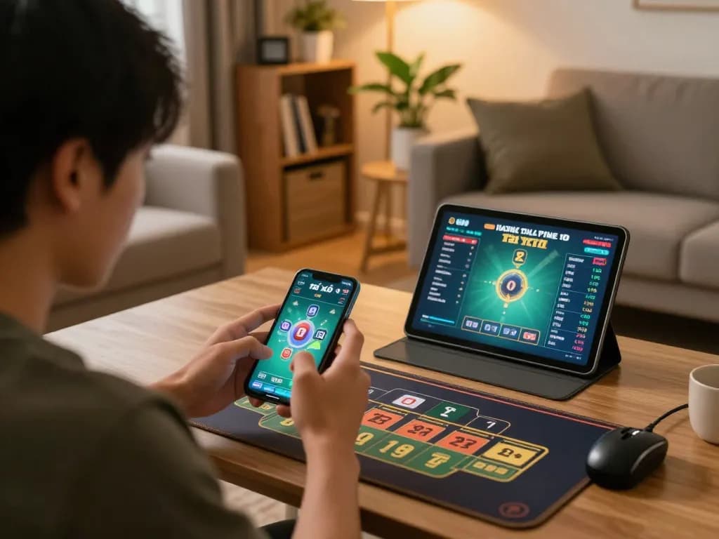 Tài xỉu online gameplay on smartphone in a cozy home environment