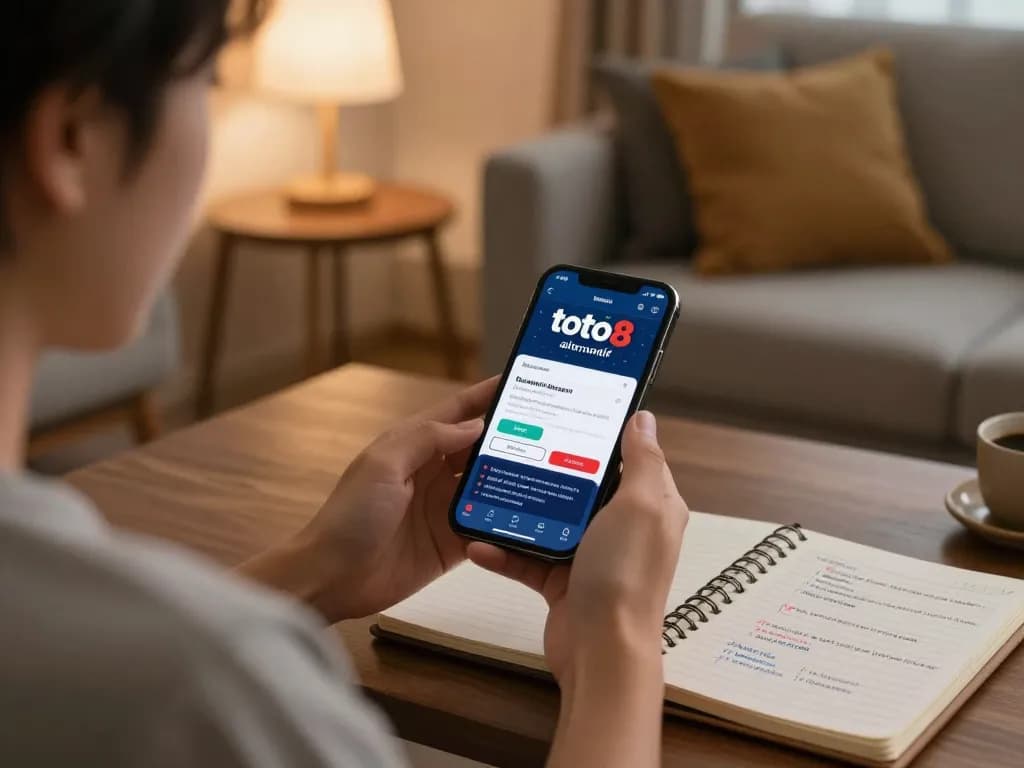 Toto8 link alternatif mobile betting displayed on smartphone in a cozy home office.