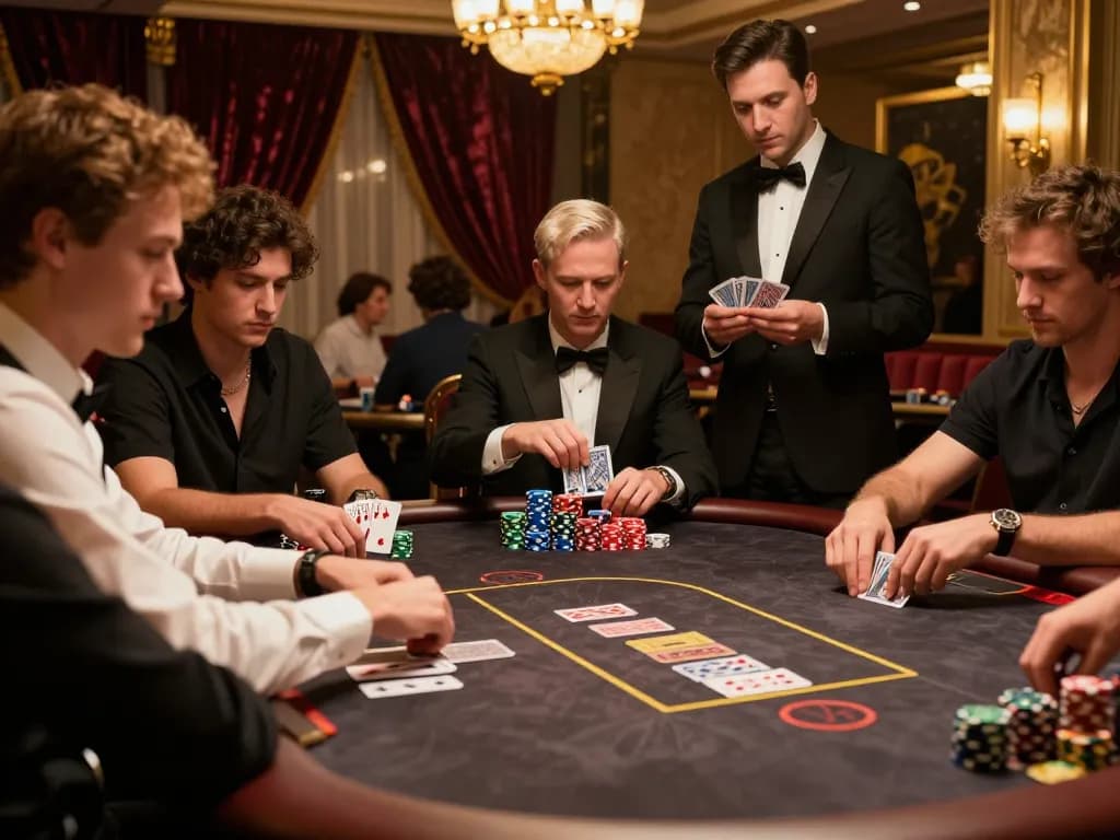 88aa players engaging in an intense poker game with a professional dealer in an upscale casino