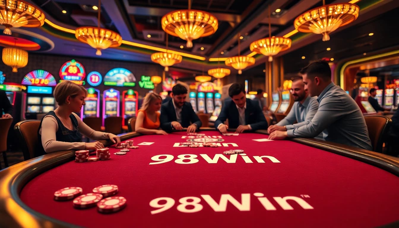 Experience the thrill of poker at 98Win with an engaging table scene showcasing excitement and competition.