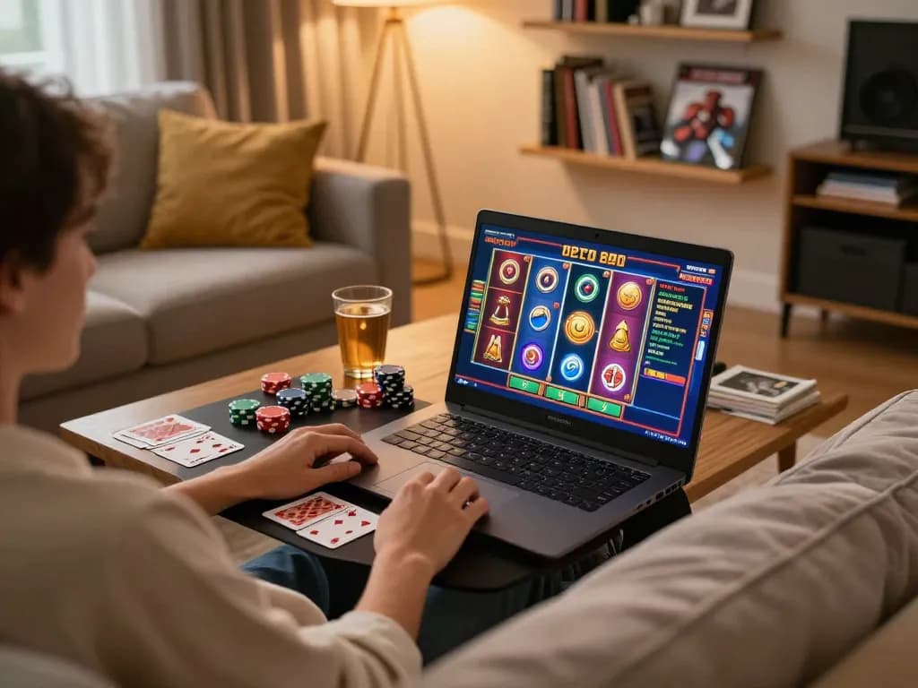 Engaging with Canada online casinos on a laptop in a cozy home setting.