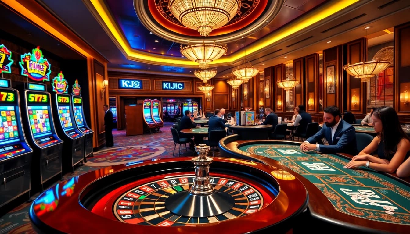 KJC casino displaying luxurious poker tables and vibrant slot machines.