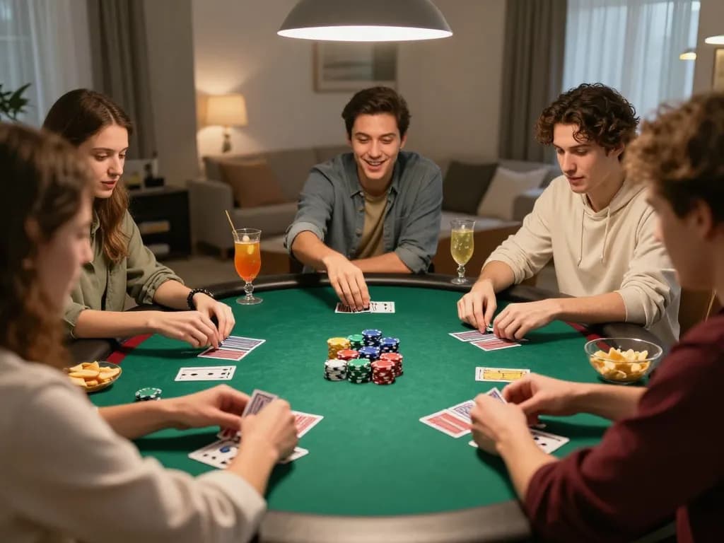 Players strategizing ty le keo nha cai at an exciting home poker night with drinks and snacks.