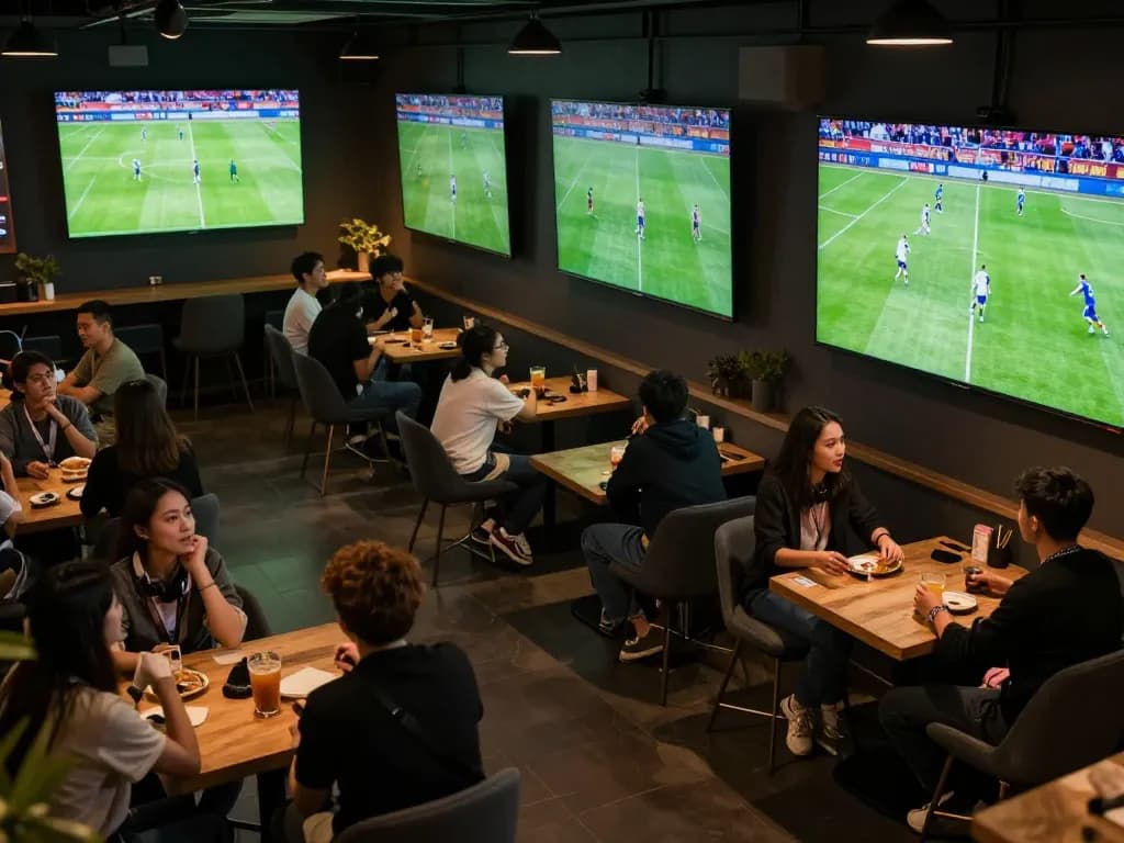 KQBD sports fans engaged in live match betting discussions around multiple screens.