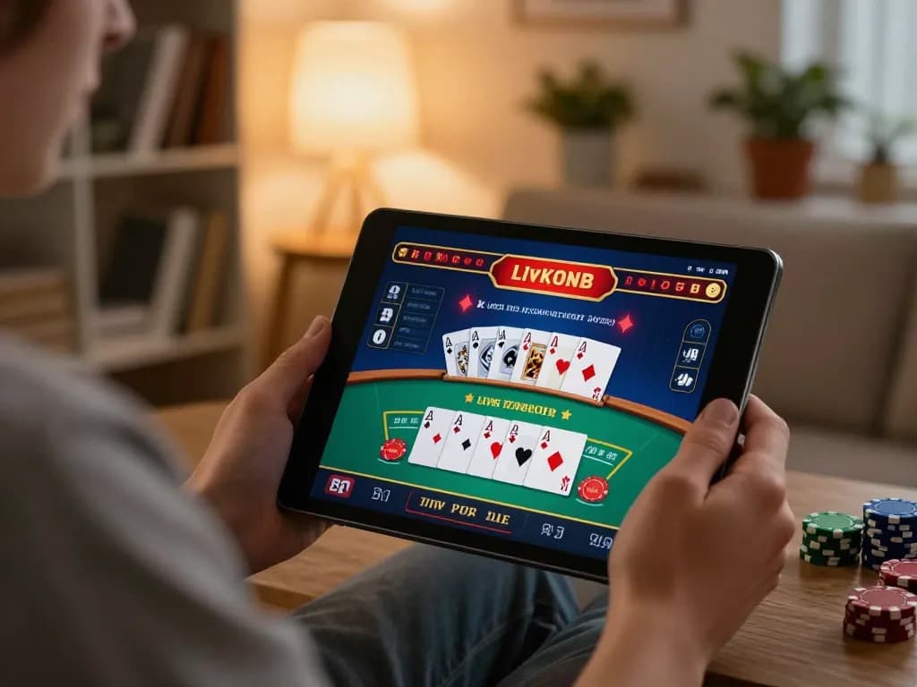 Player indulging in an immersive bk8 live blackjack session on tablet, home setting offers comfort and strategy.