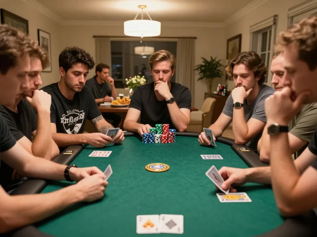 Engaging moment of a poker game at home showcasing strategy and camaraderie while playing luck8 net.