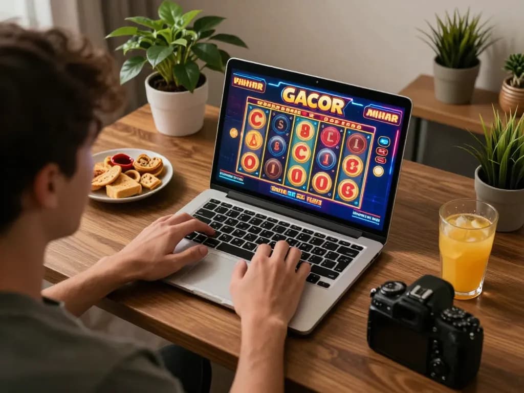 Player enjoying strategic gaming with slot gacor on laptop, cozy home atmosphere.