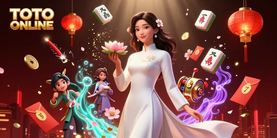 TOTO ONLINE gaming scene featuring a graceful Asian woman and dynamic slot elements in a vibrant digital illustration